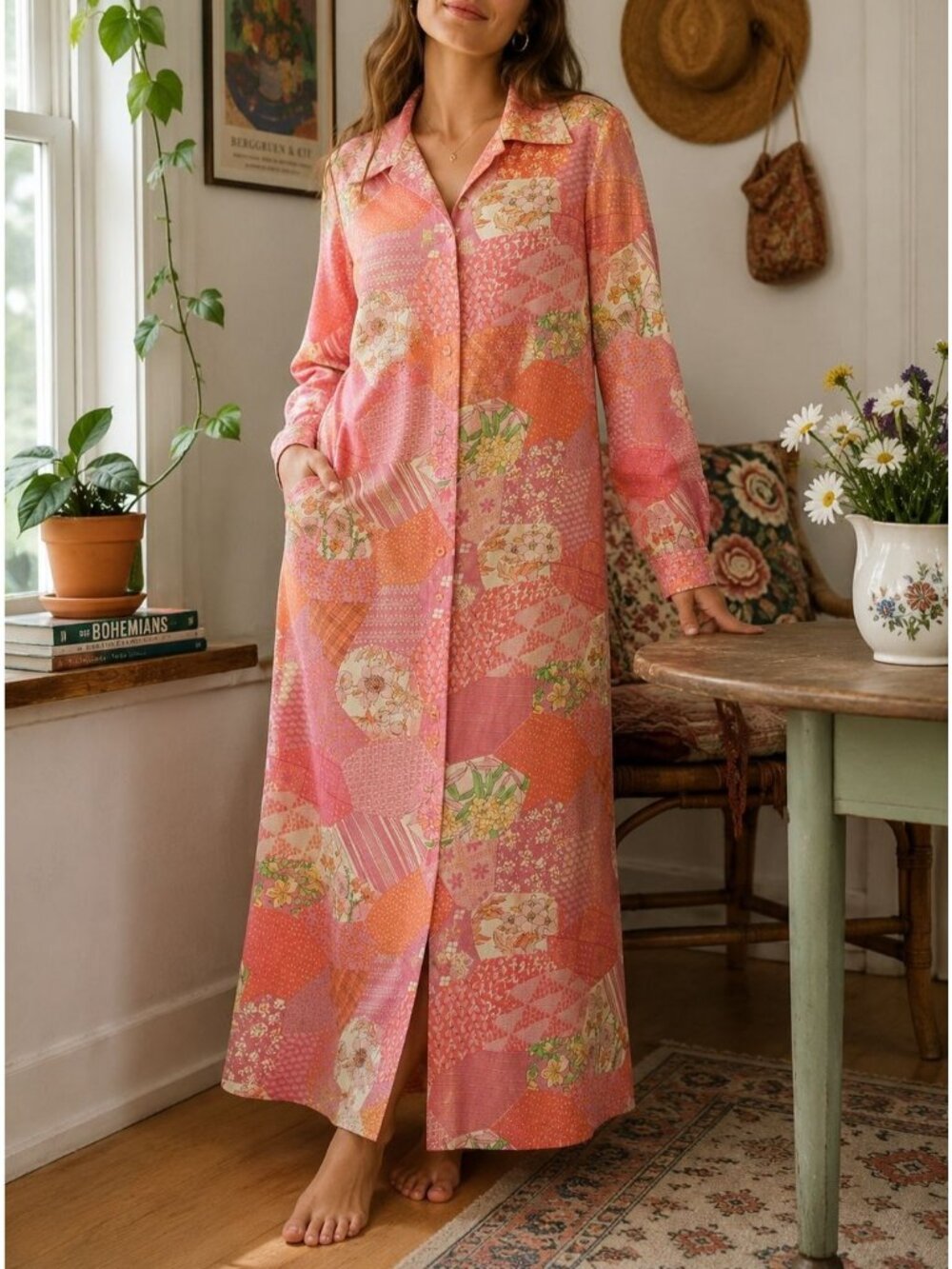 Vintage 70s Patchwork Floral House Dress Duster Pink Orange Button Front